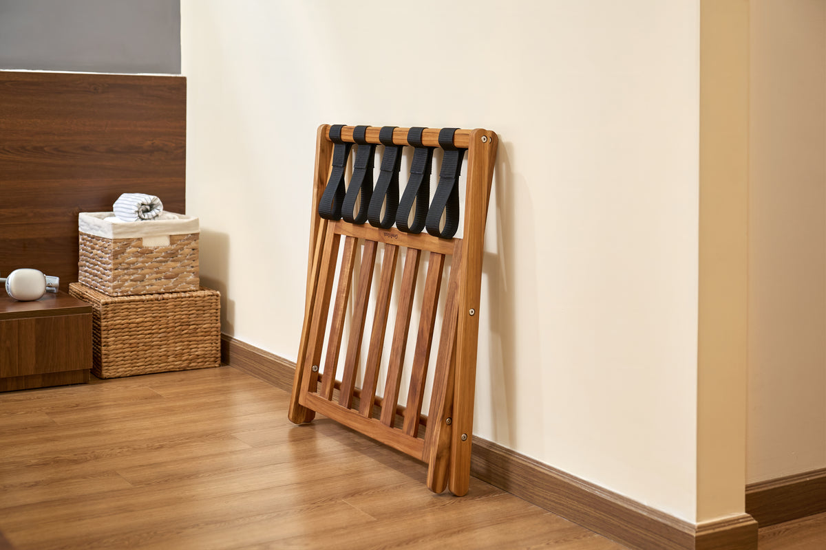 Premium 25" Solid Teak Wood Luggage Rack with Shelf