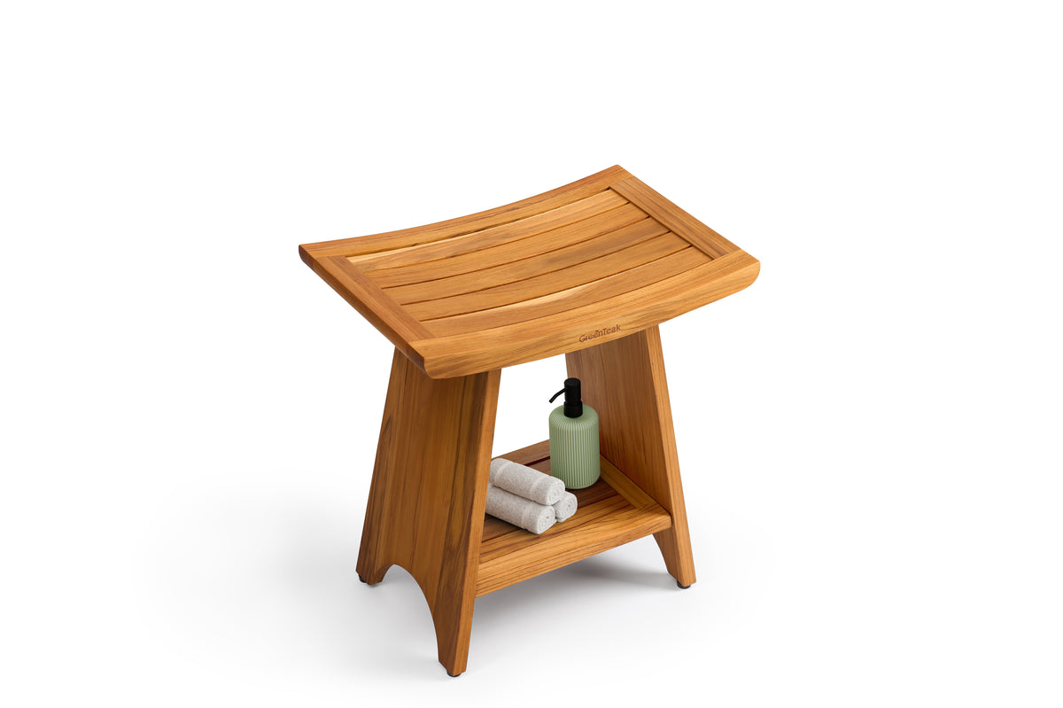 Premium 18" Teak Wood Shower Bench Curved With Shelf, 2-Tier
