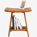 Premium 18" Teak Wood Shower Bench Curved With Shelf, 2-Tier