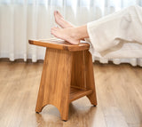 Premium 18" Teak Wood Shower Bench Curved With Shelf, 2-Tier