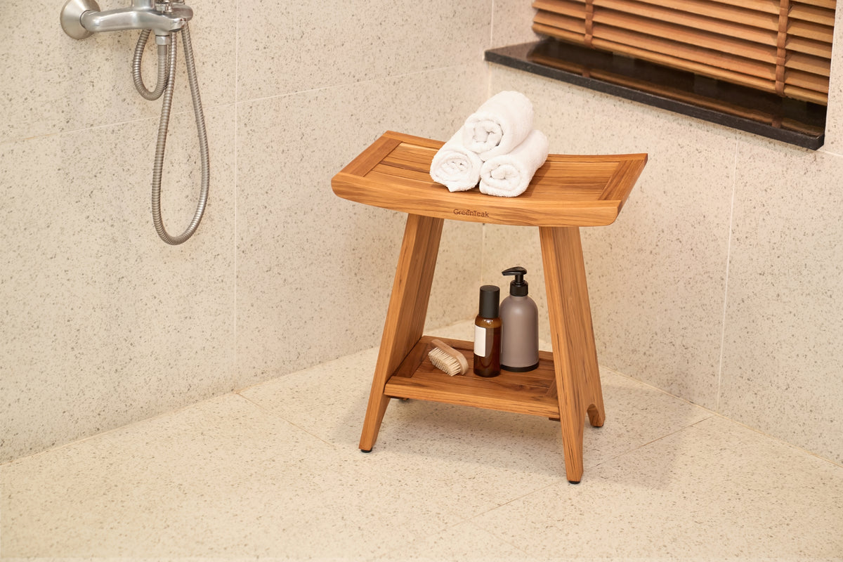 Premium 18" Teak Wood Shower Bench Curved With Shelf, 2-Tier