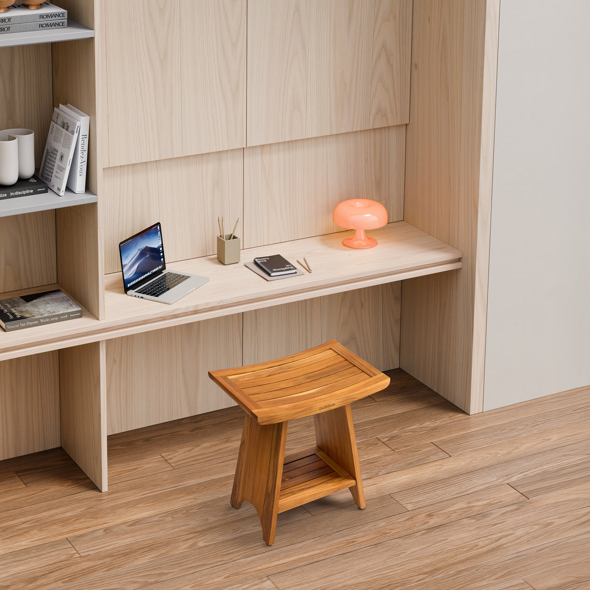 Premium 18" Teak Wood Shower Bench Curved With Shelf, 2-Tier