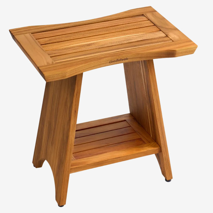 Premium 18" Teak Wood Shower Bench Straight With Shelf, 2-Tier