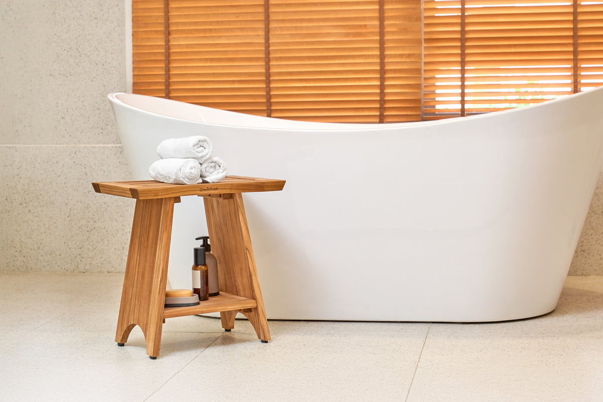 Premium 18" Teak Wood Shower Bench Straight With Shelf, 2-Tier