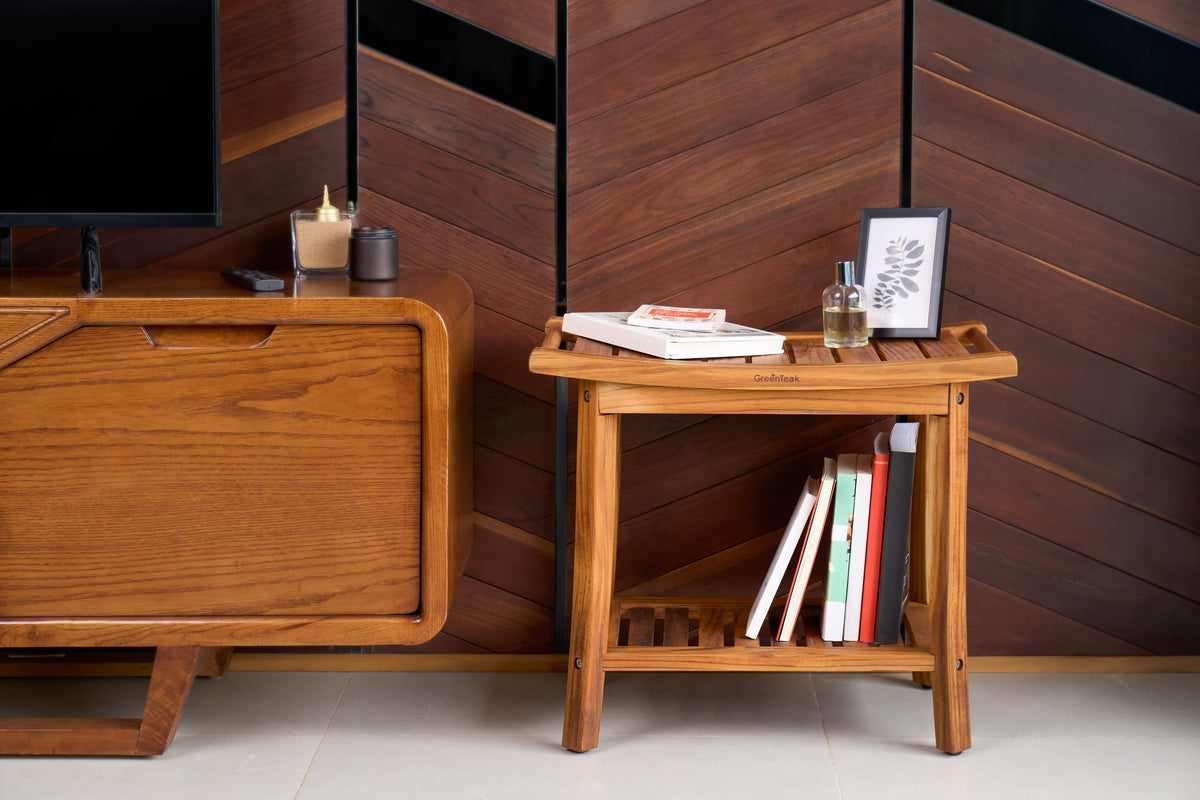 Premium 22" Teak Wood Shower Bench With Shelf, 2-Tier