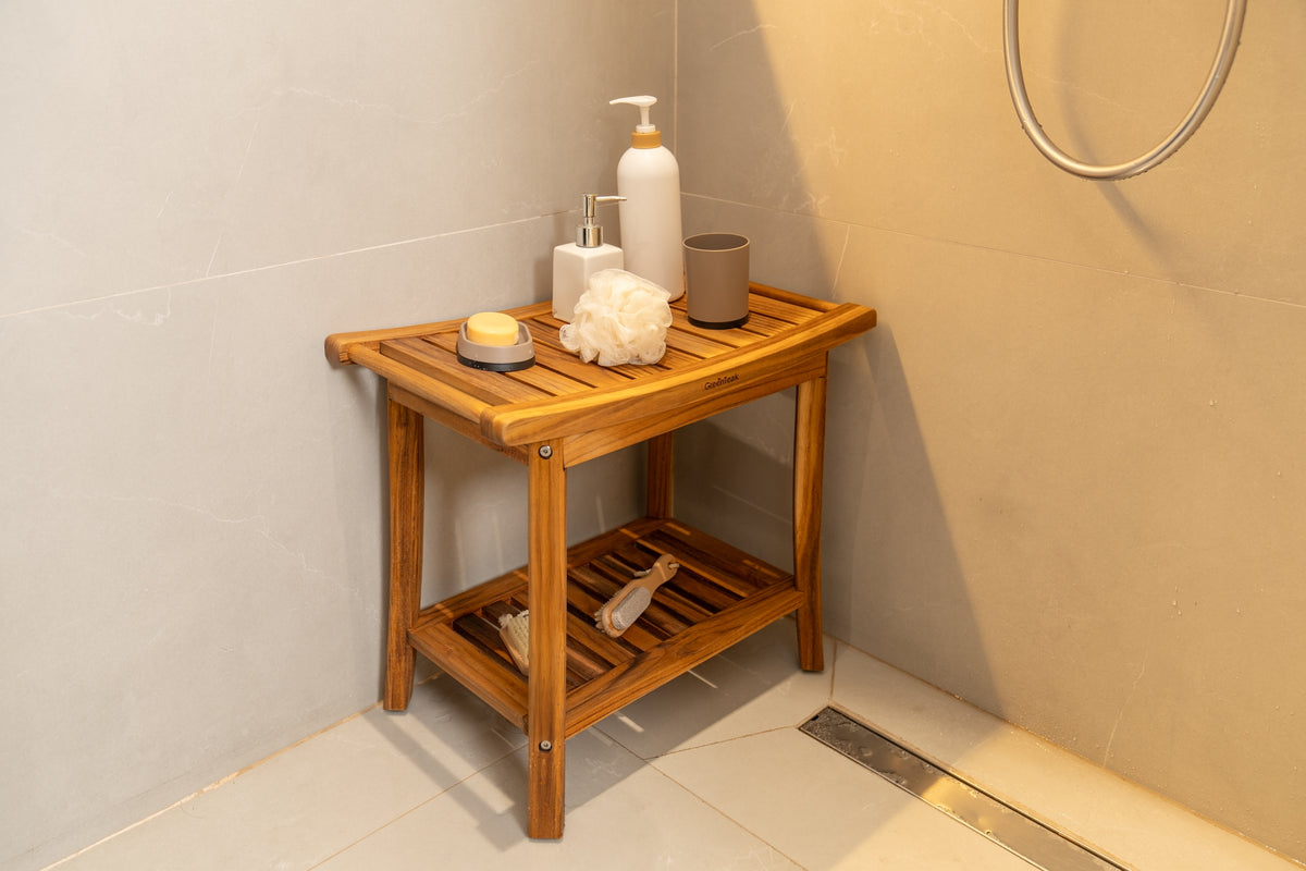 Premium 22" Teak Wood Shower Bench With Shelf, 2-Tier