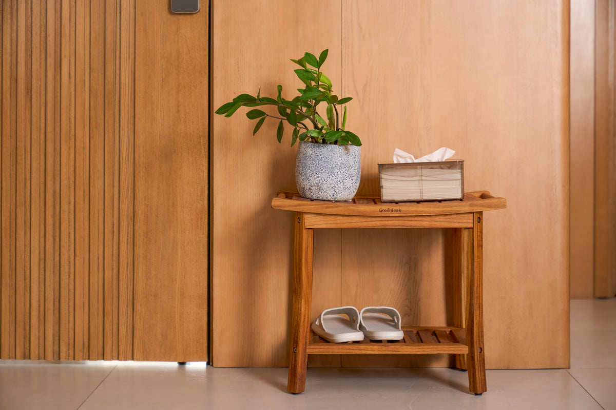 Premium 22" Teak Wood Shower Bench With Shelf, 2-Tier