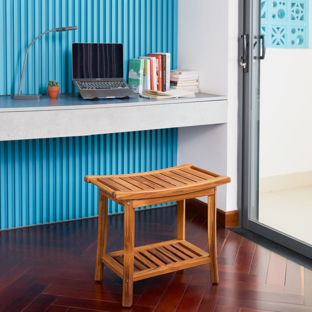 Premium 22" Teak Wood Shower Bench With Shelf, 2-Tier