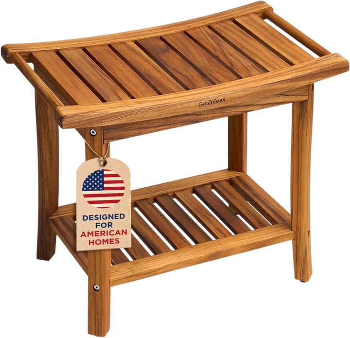 Premium 22" Teak Wood Shower Bench With Shelf, 2-Tier