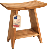 Premium 18" Teak Wood Shower Bench Curved With Shelf, 2-Tier