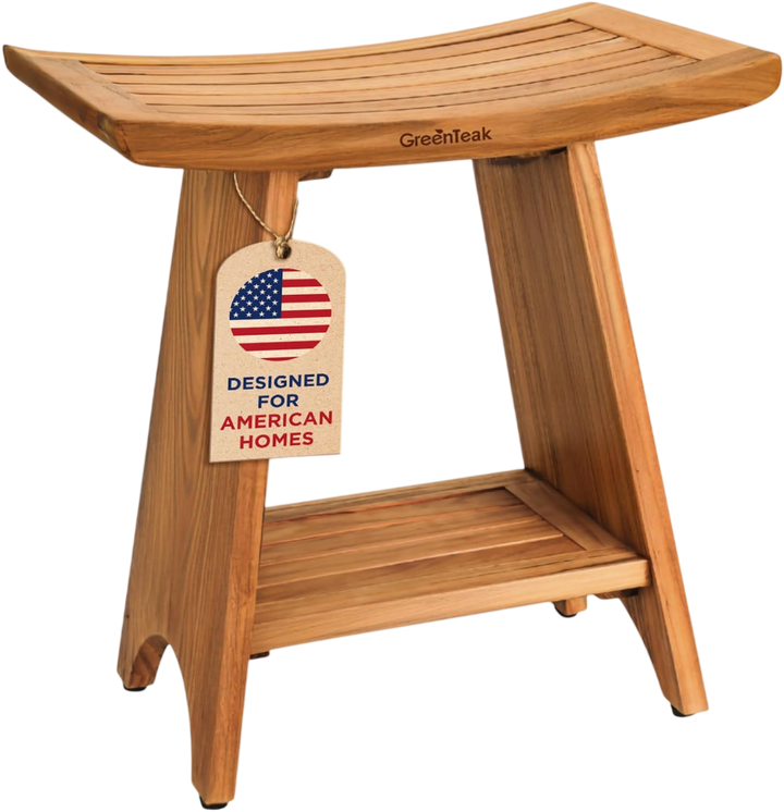 Premium 18" Teak Wood Shower Bench Curved With Shelf, 2-Tier