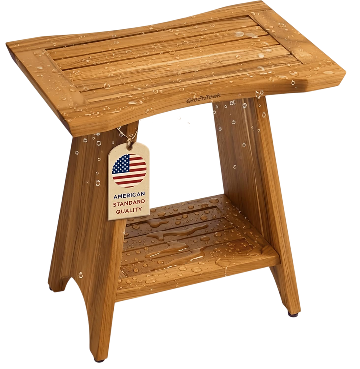 Premium 18" Teak Wood Shower Bench Straight With Shelf, 2-Tier