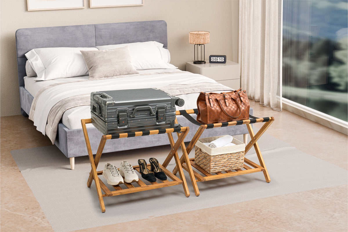 Premium 25" Solid Teak Wood Luggage Rack with Shelf