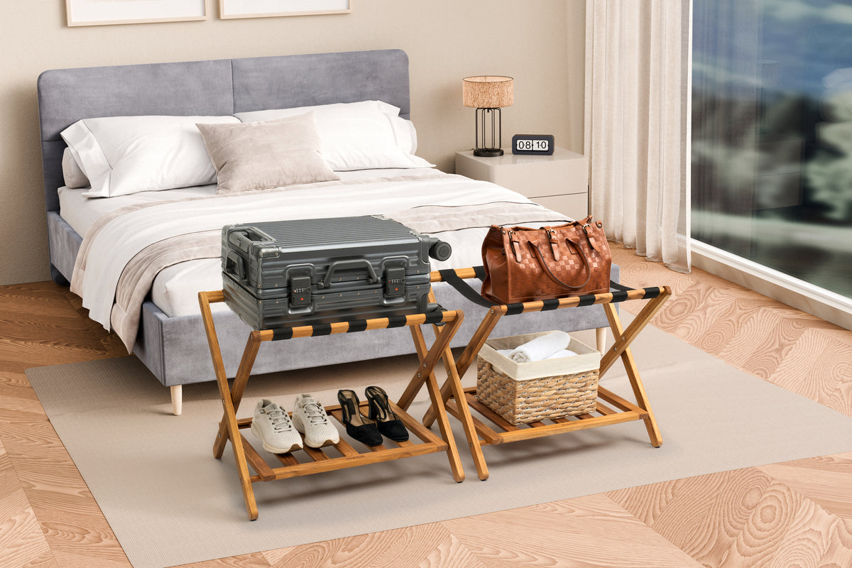 Premium 25" Solid Teak Wood Luggage Rack with Shelf