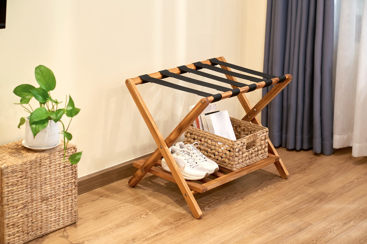 Premium 25" Solid Teak Wood Luggage Rack with Shelf