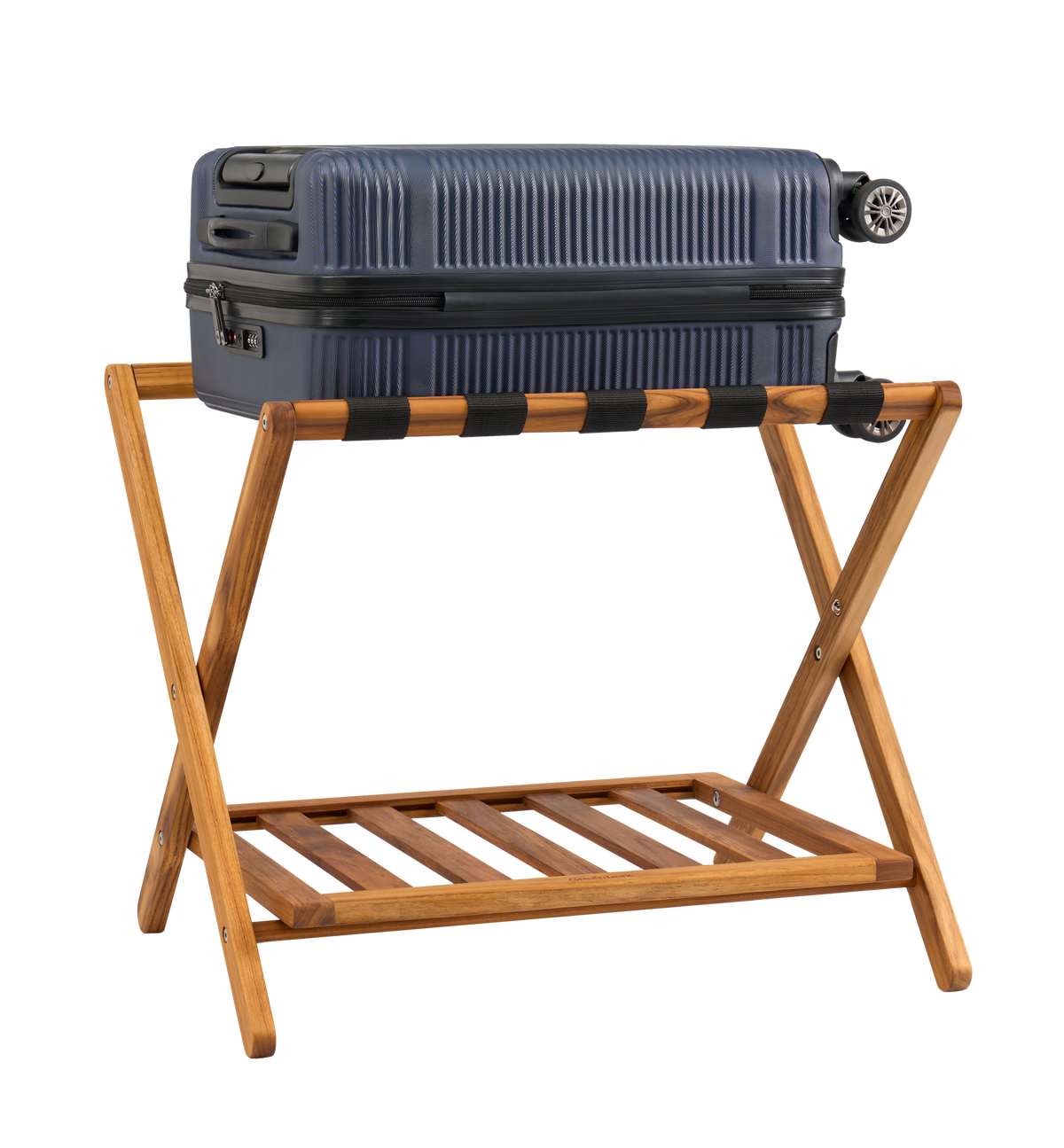 Premium 25" Solid Teak Wood Luggage Rack with Shelf