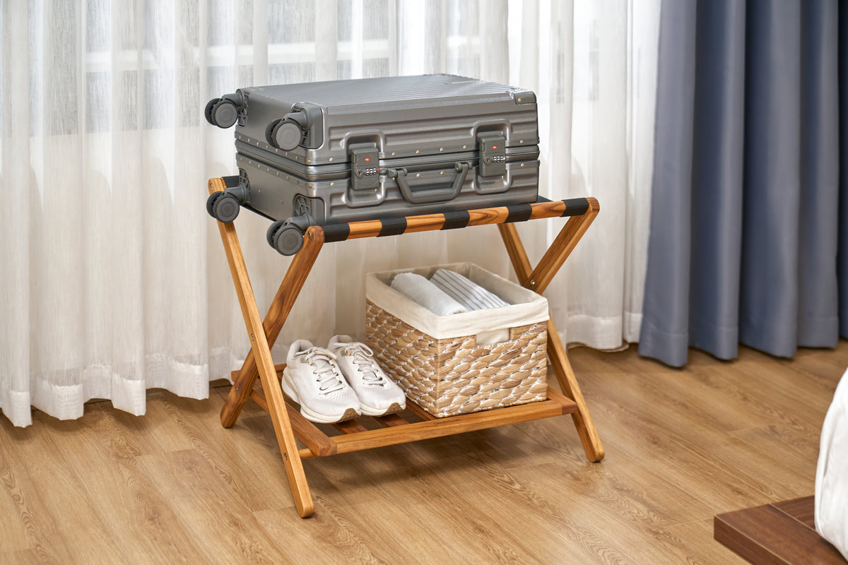 Premium 25" Solid Teak Wood Luggage Rack with Shelf