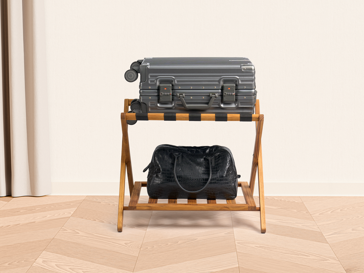 Premium 25" Solid Teak Wood Luggage Rack with Shelf