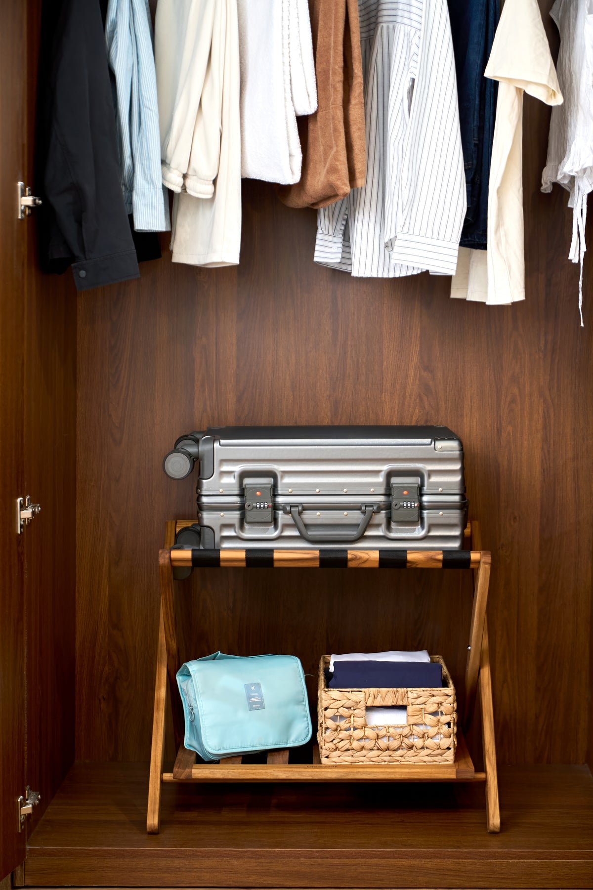 Premium 25" Solid Teak Wood Luggage Rack with Shelf